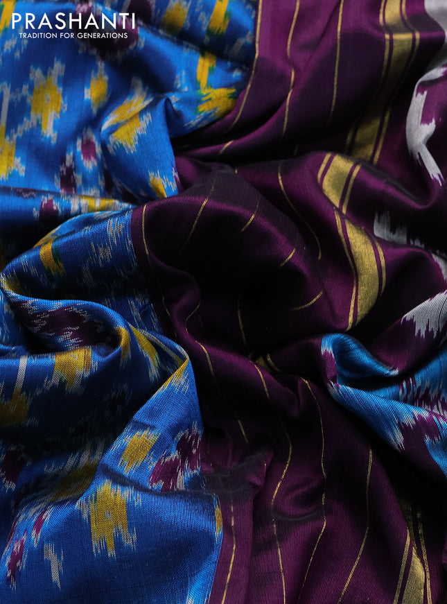 Pochampally silk saree cs blue and deep purple with allover ikat prints and annam zari woven border