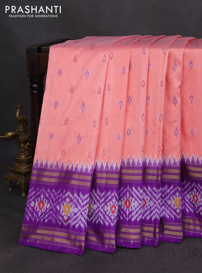 Pochampally silk saree peach pink and violet with allover ikat butta weaves and zari woven ikat style border