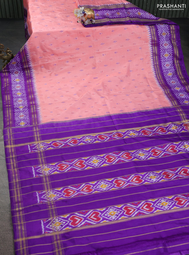 Pochampally silk saree peach pink and violet with allover ikat butta weaves and zari woven ikat style border