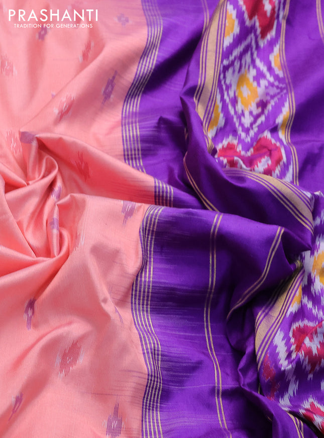 Pochampally silk saree peach pink and violet with allover ikat butta weaves and zari woven ikat style border