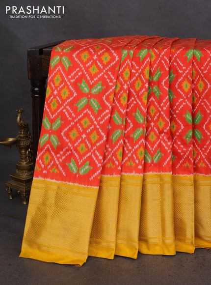 Pochampally silk saree orange and mustard yellow with allover ikat prints and long zari woven border