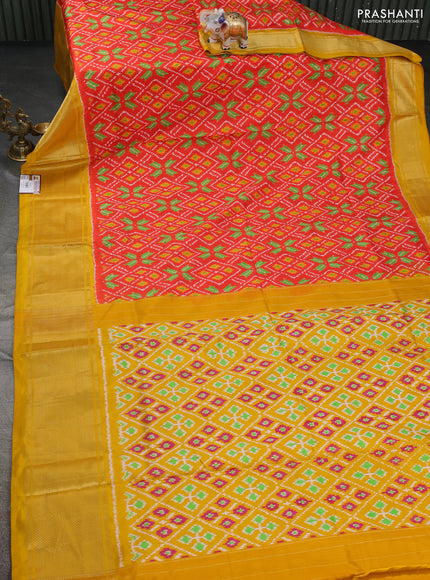 Pochampally silk saree orange and mustard yellow with allover ikat prints and long zari woven border