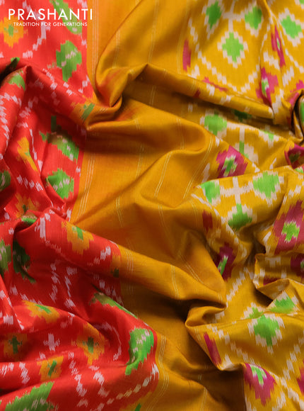 Pochampally silk saree orange and mustard yellow with allover ikat prints and long zari woven border