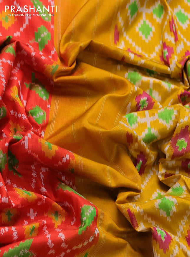 Pochampally silk saree orange and mustard yellow with allover ikat prints and long zari woven border