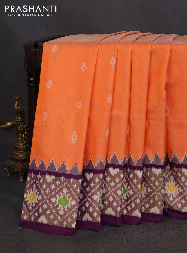 Pochampally silk saree pale orange and violet with allover ikat butta weaves and zari woven ikat style border