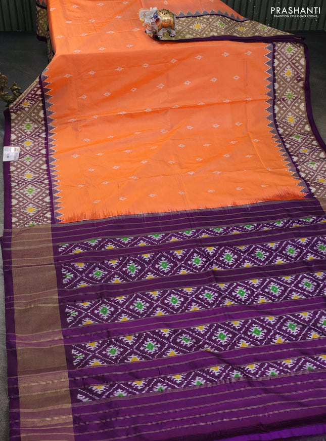 Pochampally silk saree pale orange and violet with allover ikat butta weaves and zari woven ikat style border