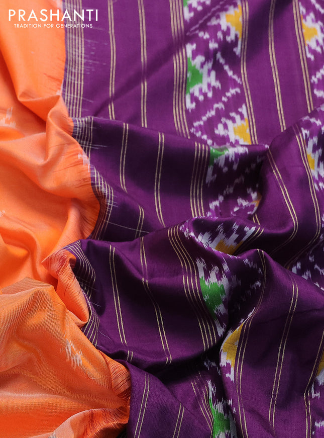 Pochampally silk saree pale orange and violet with allover ikat butta weaves and zari woven ikat style border