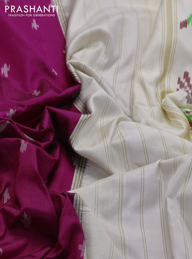 Pochampally silk saree magenta pink and cream with allover ikat butta weaves and zari woven ikat style border