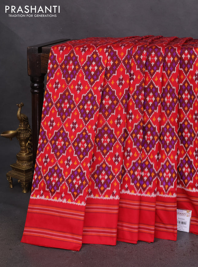 Pochampally silk saree red and violet with allover ikat prints and simple border
