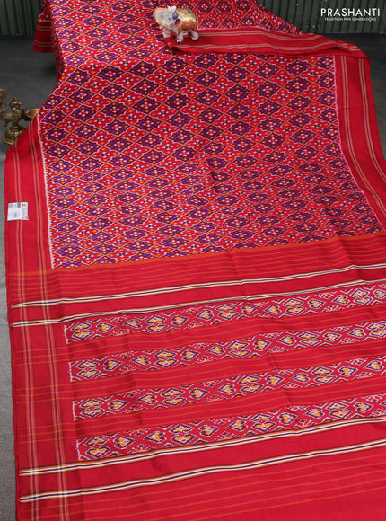Pochampally silk saree red and violet with allover ikat prints and simple border
