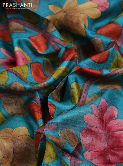 Tussar hand painted blouse piece teal green with allover kalamkari prints