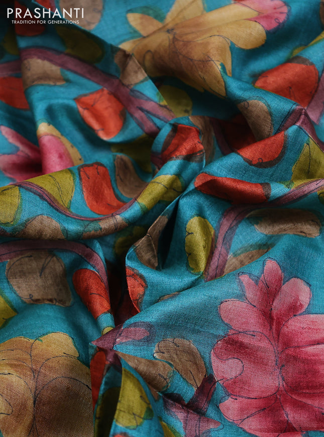 Tussar hand painted blouse piece teal green with allover kalamkari prints