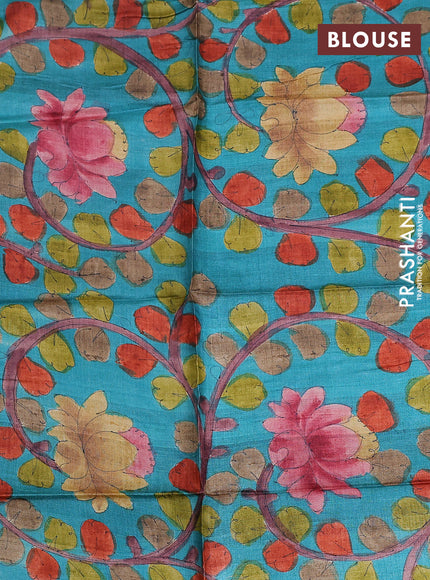 Tussar hand painted blouse piece teal green with allover kalamkari prints