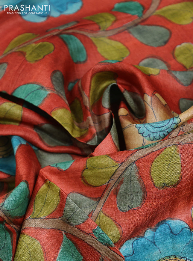 Tussar hand painted blouse piece orange with allover kalamkari prints