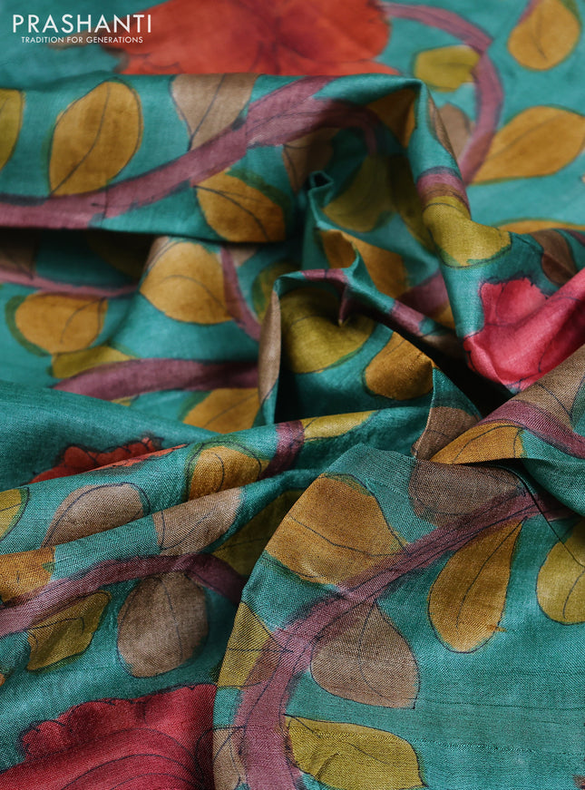 Tussar hand painted blouse piece teal green with allover kalamkari prints