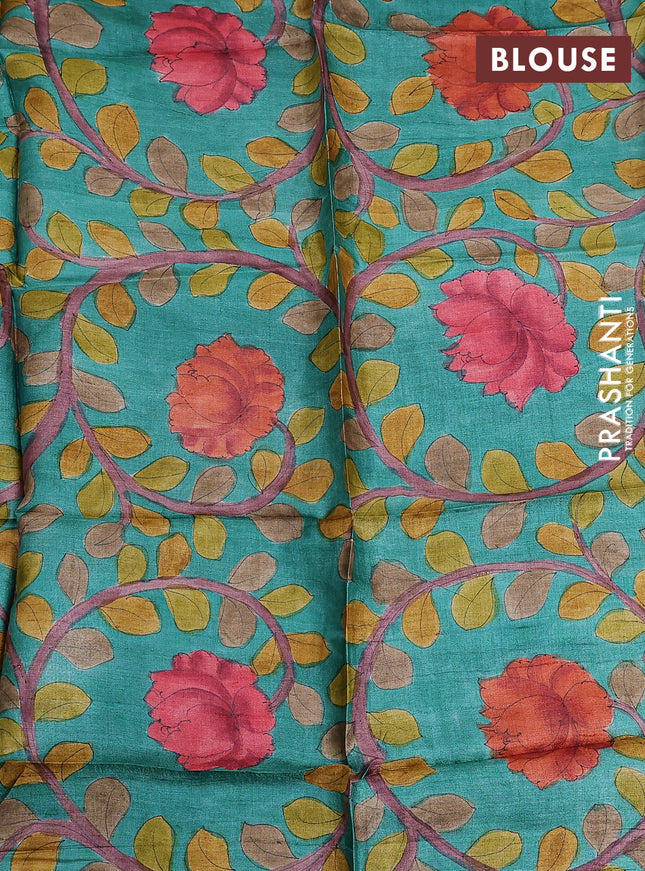 Tussar hand painted blouse piece teal green with allover kalamkari prints
