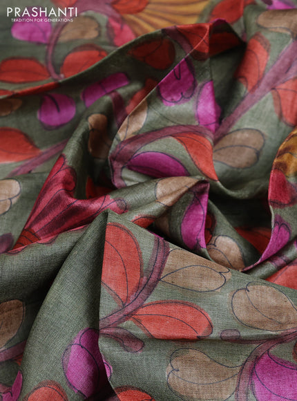 Tussar hand painted blouse piece sap green with allover kalamkari prints