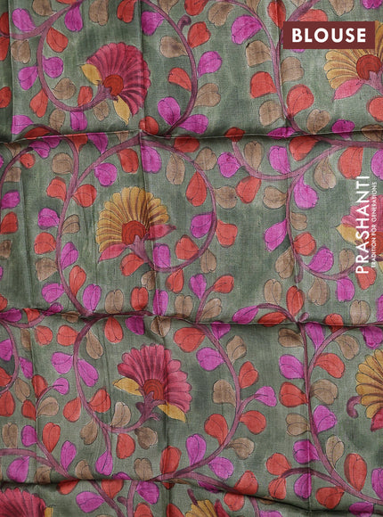 Tussar hand painted blouse piece sap green with allover kalamkari prints