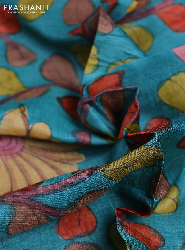 Tussar hand painted blouse piece teal blue with allover kalamkari prints