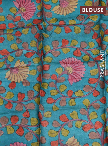 Tussar hand painted blouse piece teal blue with allover kalamkari prints
