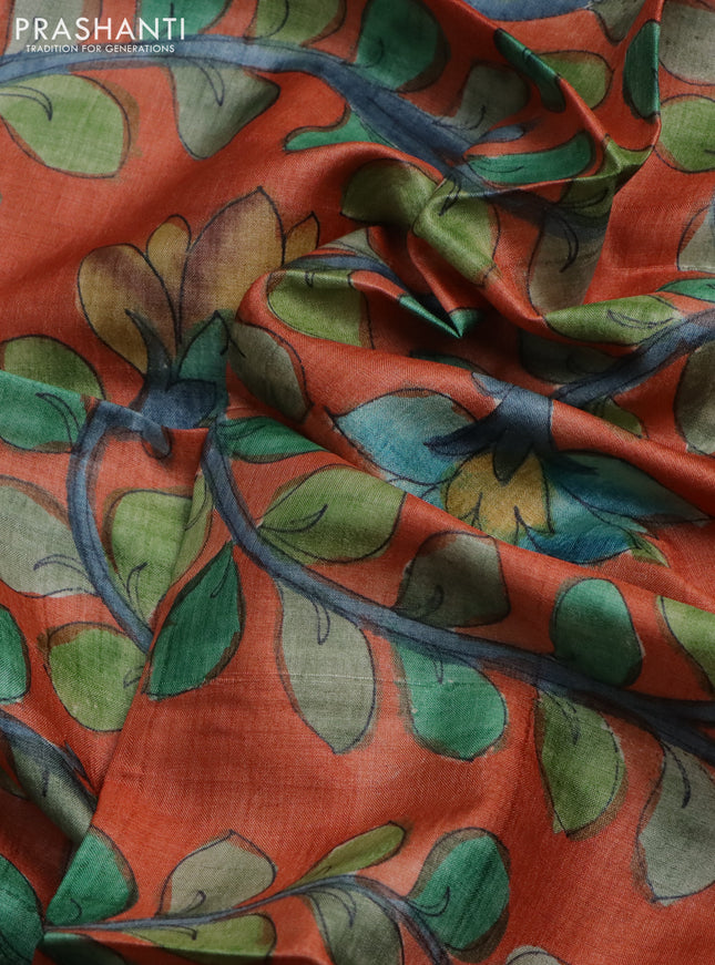 Tussar hand painted blouse piece orange with allover kalamkari prints