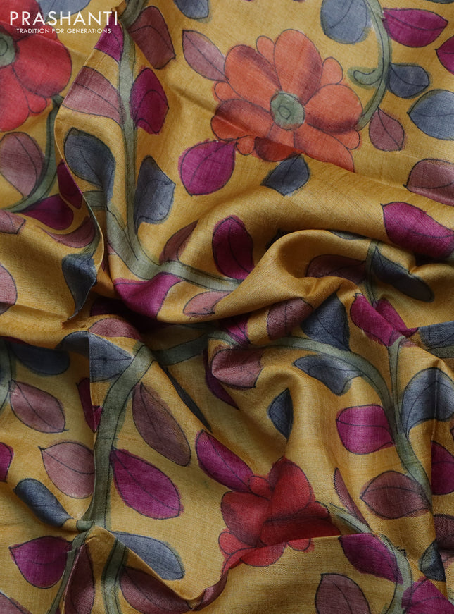 Tussar hand painted blouse piece mustard yellow with allover kalamkari prints