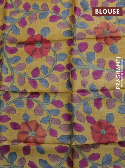 Tussar hand painted blouse piece mustard yellow with allover kalamkari prints