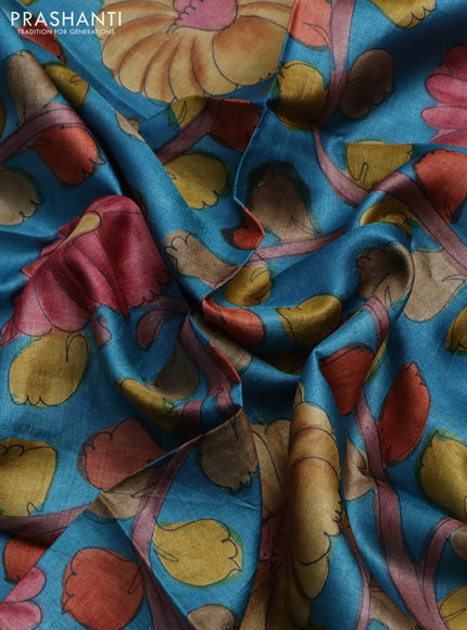 Tussar hand painted blouse piece cs blue with allover kalamkari prints