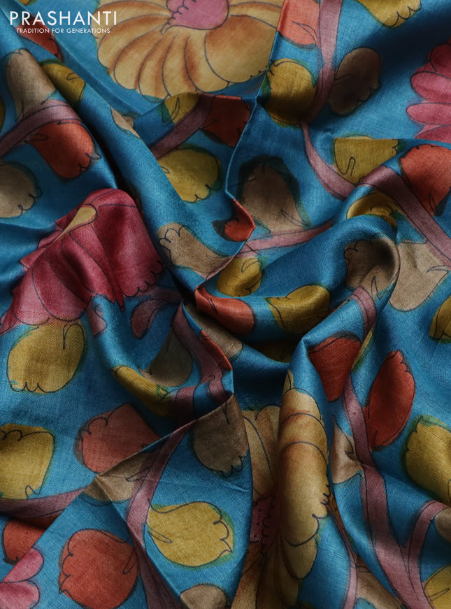Tussar hand painted blouse piece cs blue with allover kalamkari prints