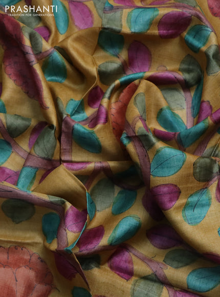 Tussar hand painted blouse piece mustard yellow with allover kalamkari prints