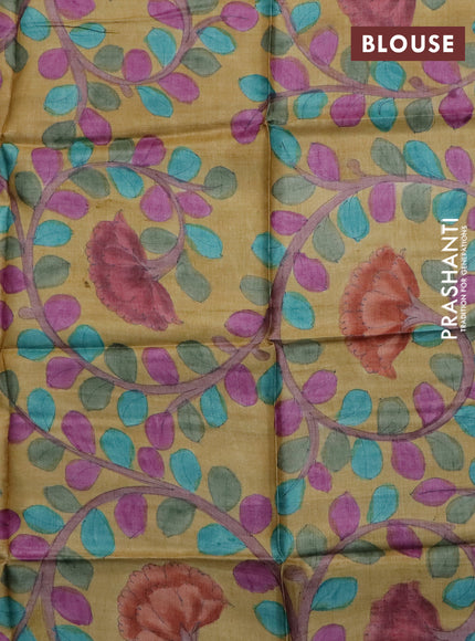 Tussar hand painted blouse piece mustard yellow with allover kalamkari prints
