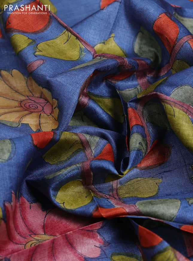 Tussar hand painted blouse piece blue with allover kalamkari prints