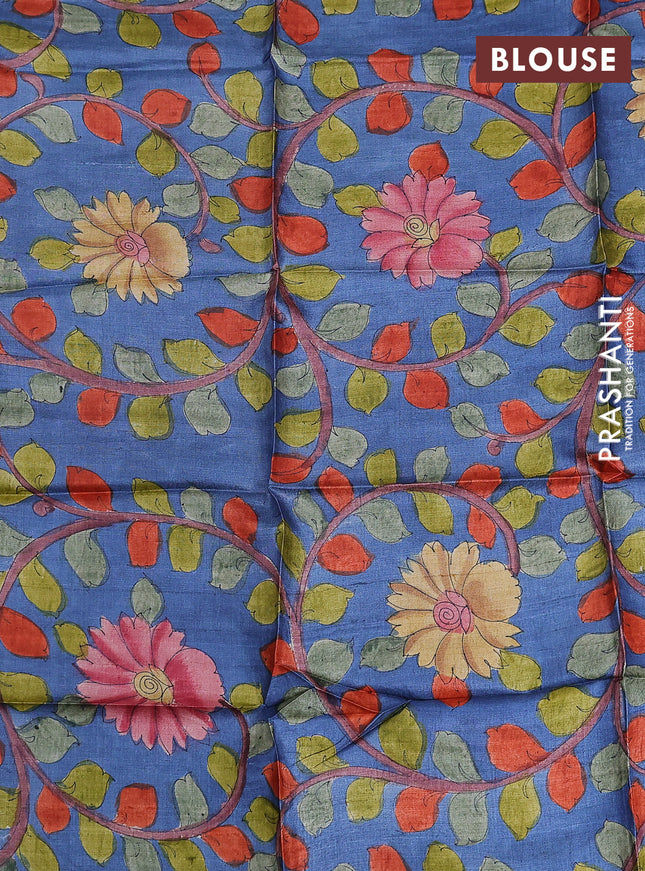 Tussar hand painted blouse piece blue with allover kalamkari prints