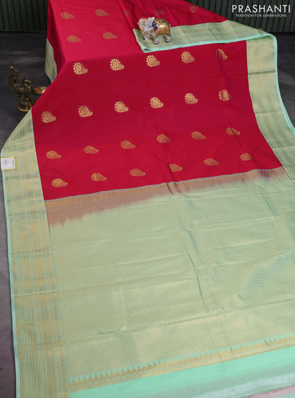 Semi kanchipuram silk saree pink and teal green with zari woven buttas and zari woven korvai border
