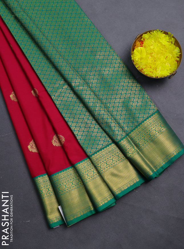 Semi kanchipuram silk saree dark pink and green with zari woven buttas and zari woven korvai border