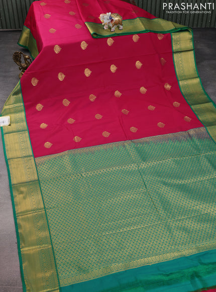 Semi kanchipuram silk saree dark pink and green with zari woven buttas and zari woven korvai border