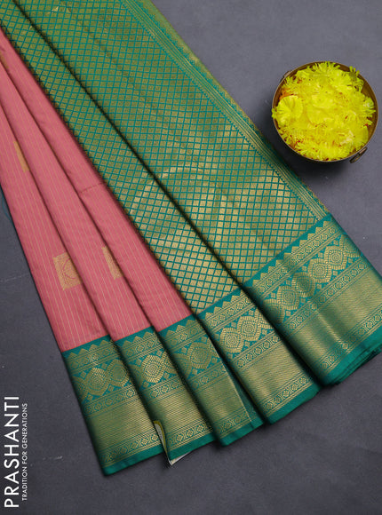 Semi kanchipuram silk saree peach pink and green with allover zari weaves & buttas and zari woven korvai border