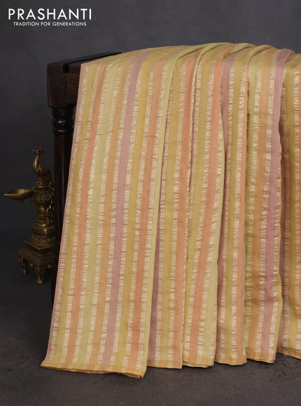 Munga silk saree pale yellow and multi colour with allover zari woven stripes pattern in borderless style