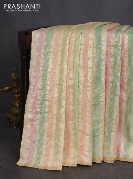 Munga silk saree multi colour with allover zari woven stripes pattern in borderless style