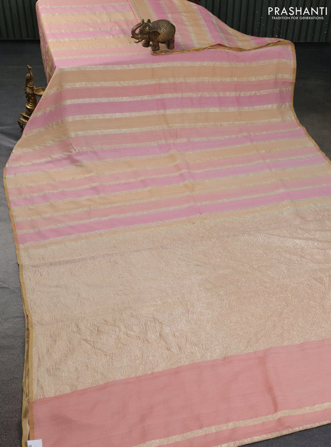 Munga silk saree pastel pink and sandal with allover zari woven stripes pattern in borderless style