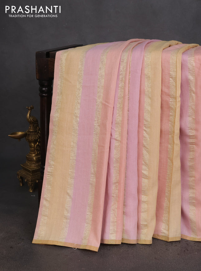 Munga silk saree pastel pink and sandal with allover zari woven stripes pattern in borderless style
