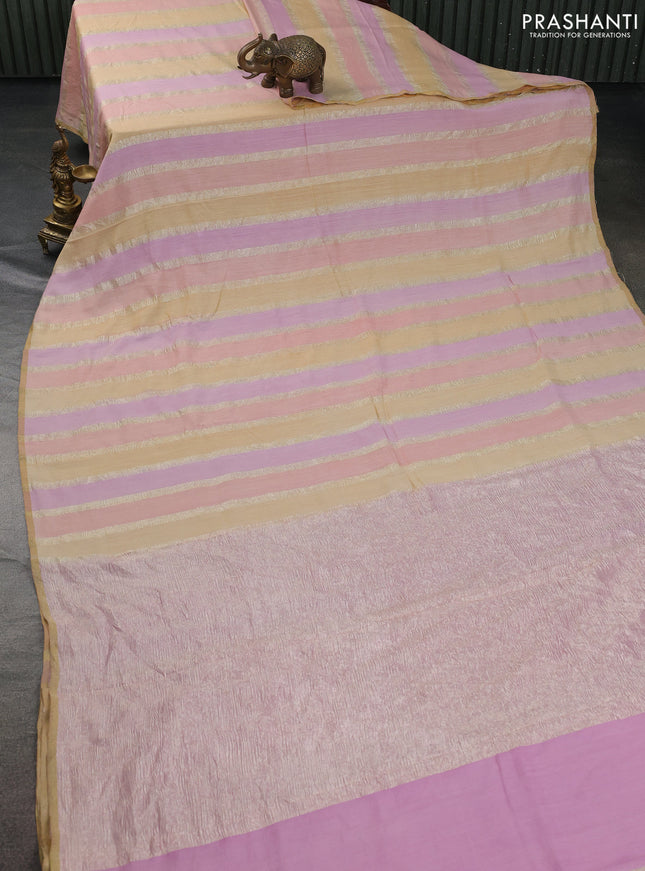 Munga silk saree pastel pink and sandal with allover zari woven stripes pattern in borderless style