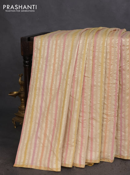 Munga silk saree sandal with allover zari woven stripes pattern in borderless style