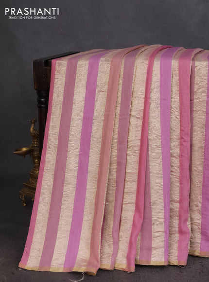 Munga silk saree pastel pink and mauve pink with allover zari woven stripes pattern in borderless style