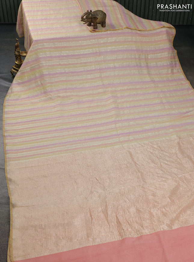 Munga silk saree multi colour with allover zari woven stripes pattern in borderless style
