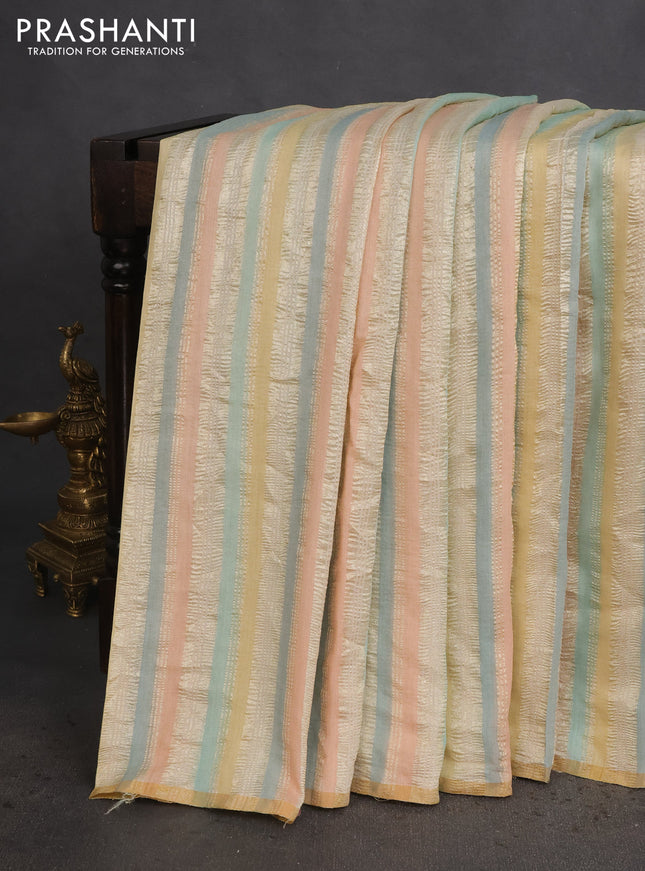 Munga silk saree multi colour with allover zari woven stripes pattern in borderless style