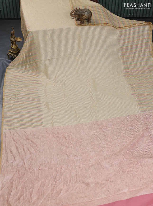 Munga silk saree sandal with allover zari woven stripes pattern in borderless style