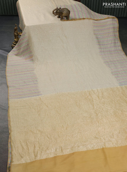 Munga silk saree cream with allover zari woven stripes pattern in borderless style