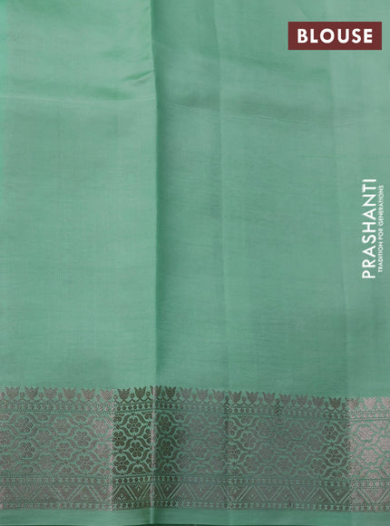 Banarasi poona silk saree teal blue and pastel green with allover silver zari woven buttas and silver long zari woven border