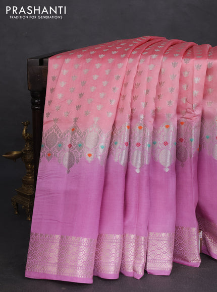 Banarasi poona silk saree peach pink and lavender with allover silver zari woven buttas and silver long zari woven border
